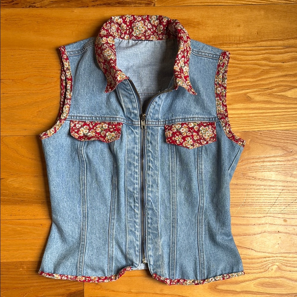 Floral Trim Denim Vest